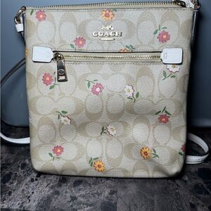 Coach Beige Signature Floral Crossbody with Pink & Yellow Flowers